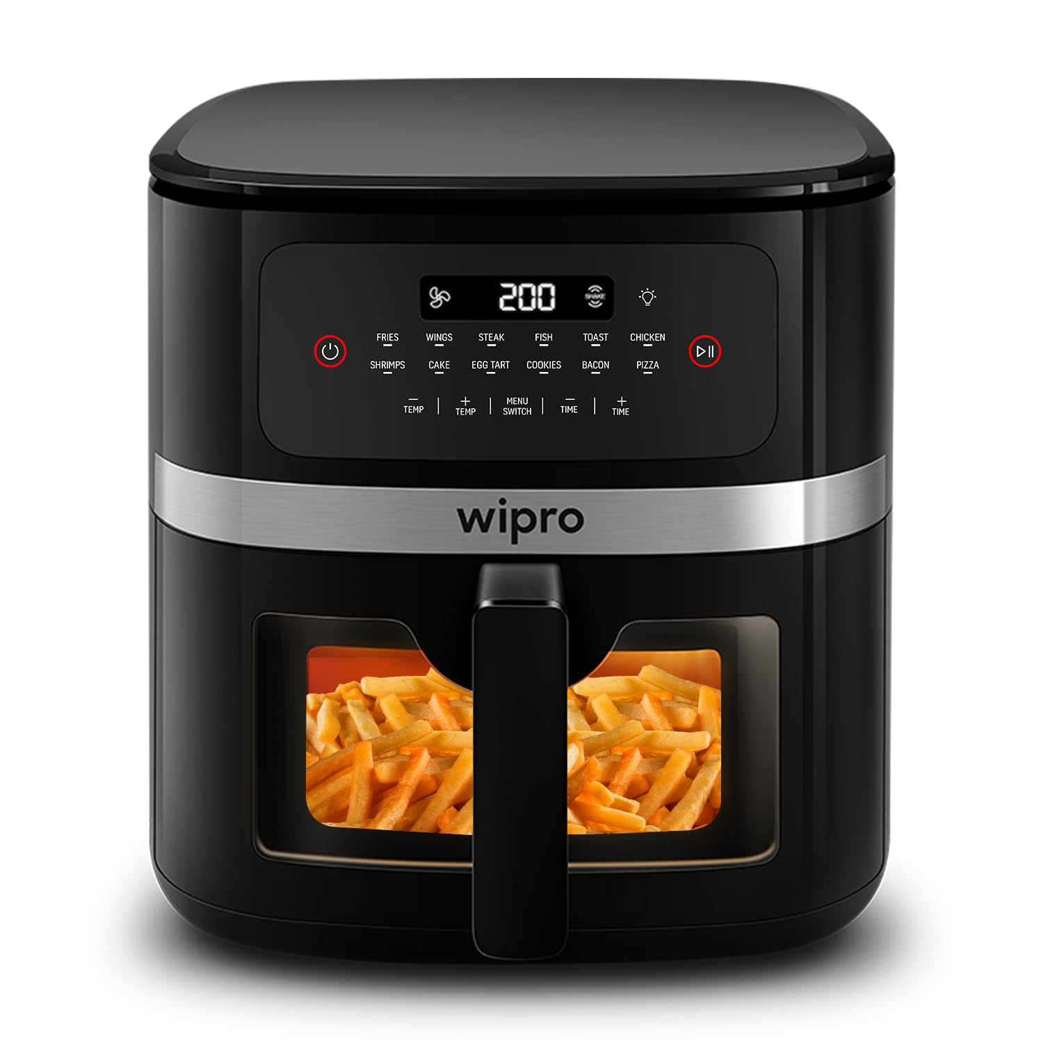 Wipro Elato CAF 202 Digital Air Fryer | PTFE Free Ceramic Coated | 1800W | 7.5 L Capacity | Transparent Full Window | Digital Touch Control | 12 Preset Modes | Black
