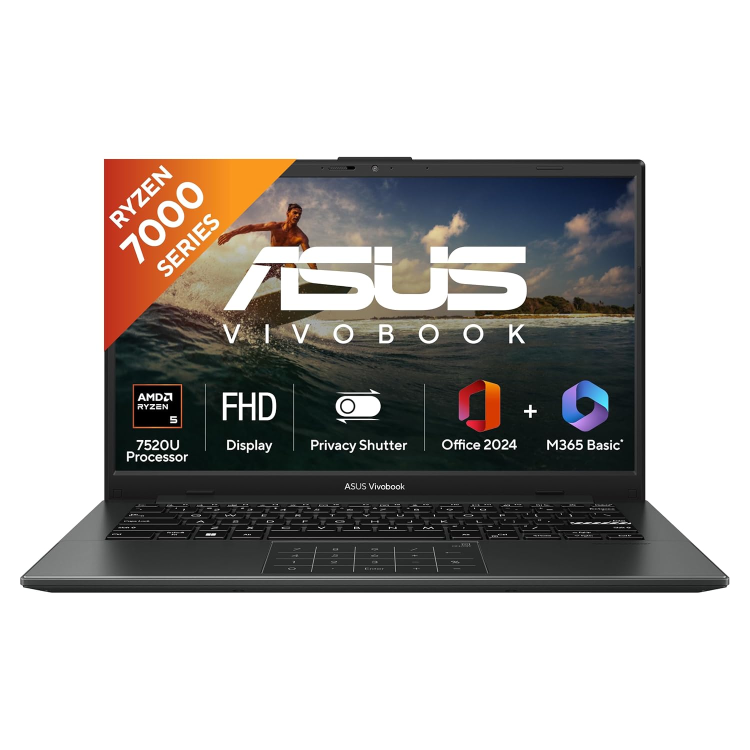 ASUS Vivobook Go 14, AMD Ryzen 5 7520U, 16GB RAM, 512GB SSD, FHD, 14″, 60Hz,42WHrs, Windows 11, M365 Basic (1Year)*,Office Home 2024, Mixed Black, 1.38 kg, E1404FA-EB774WS, Thin & Light Laptop